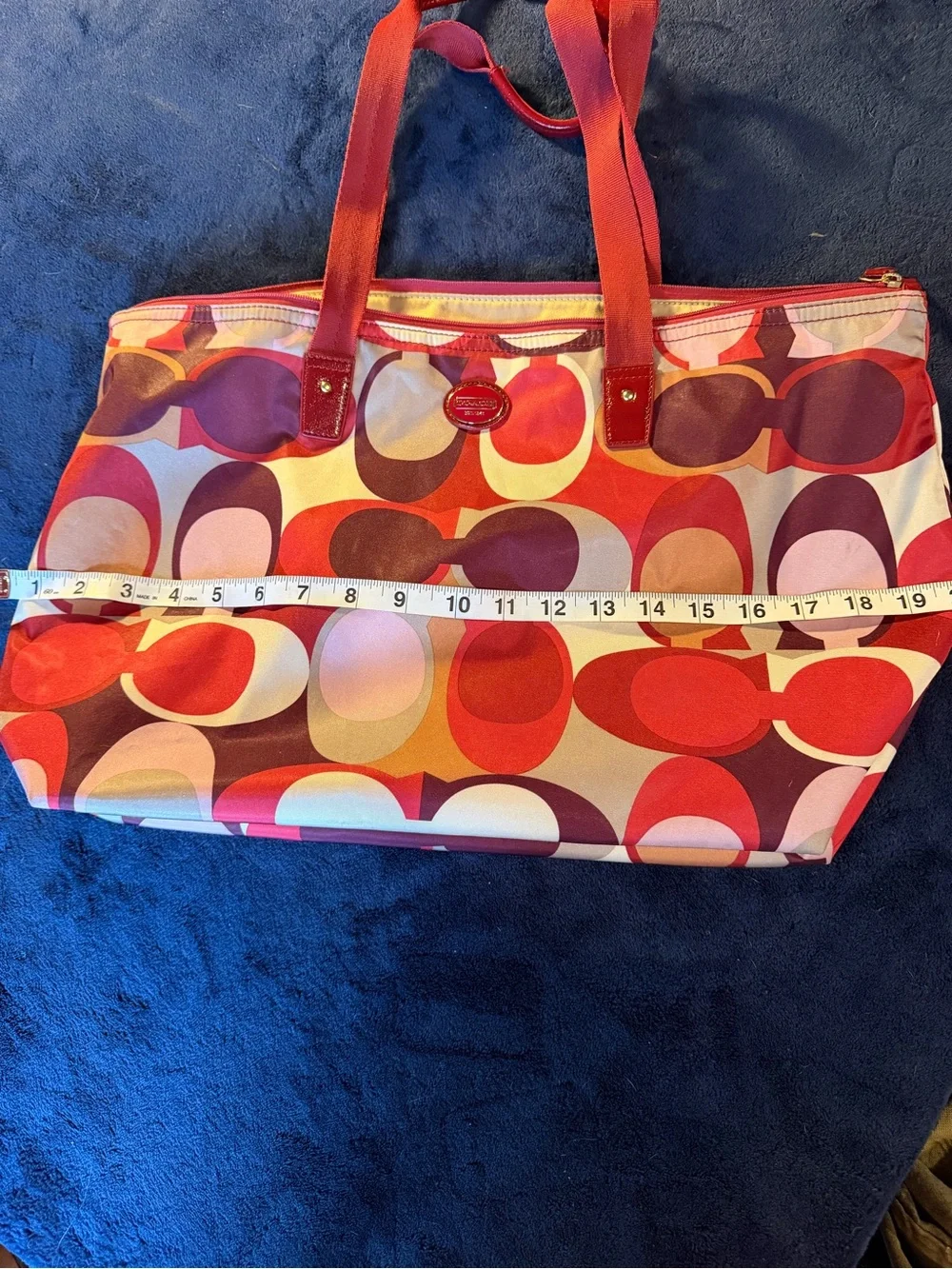 Coach Signature Print Tote Bag - Red, Pink, Cream - Picture 2 of 5